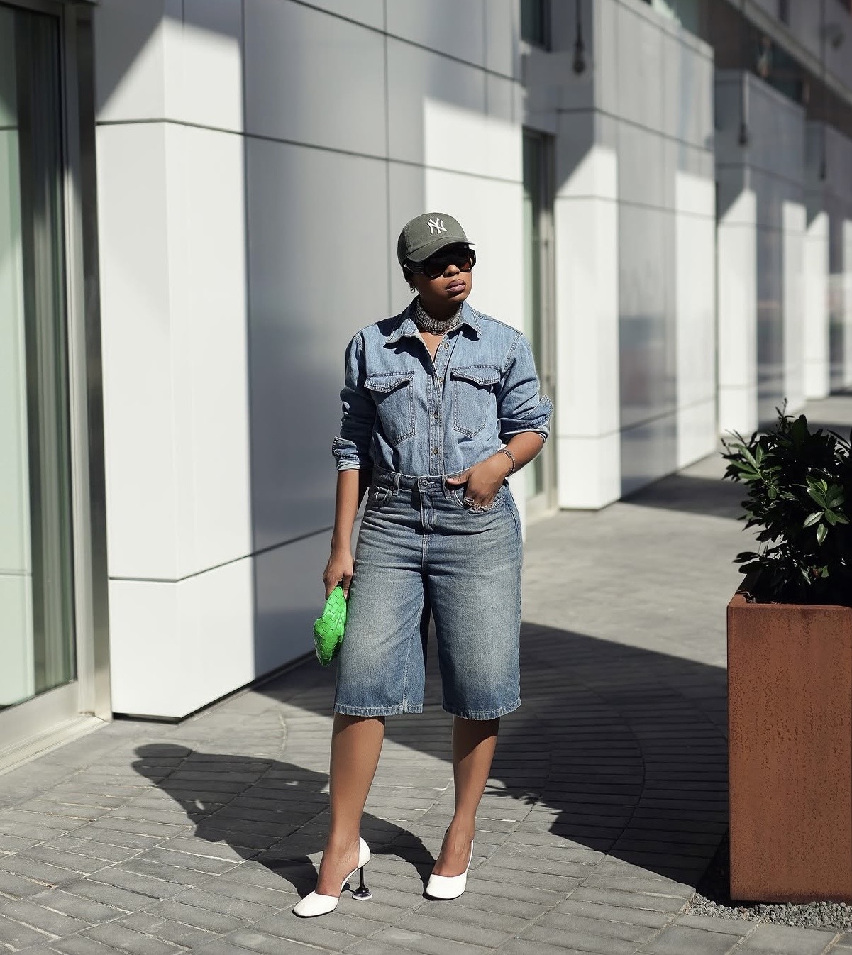 jorts outfit styled with white strappy heels - styling with white heels