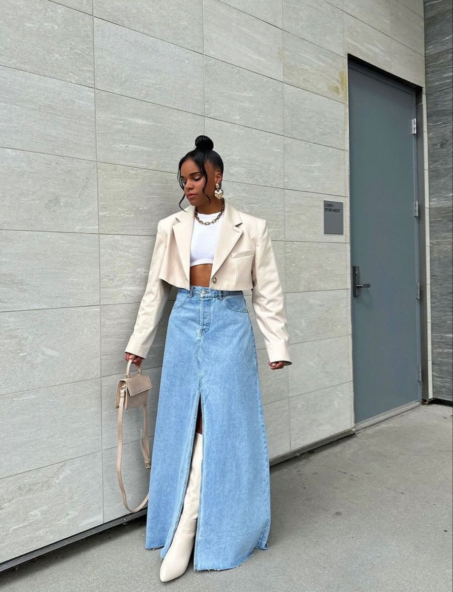 denim skirt outfit with white heels - styling with white heels
