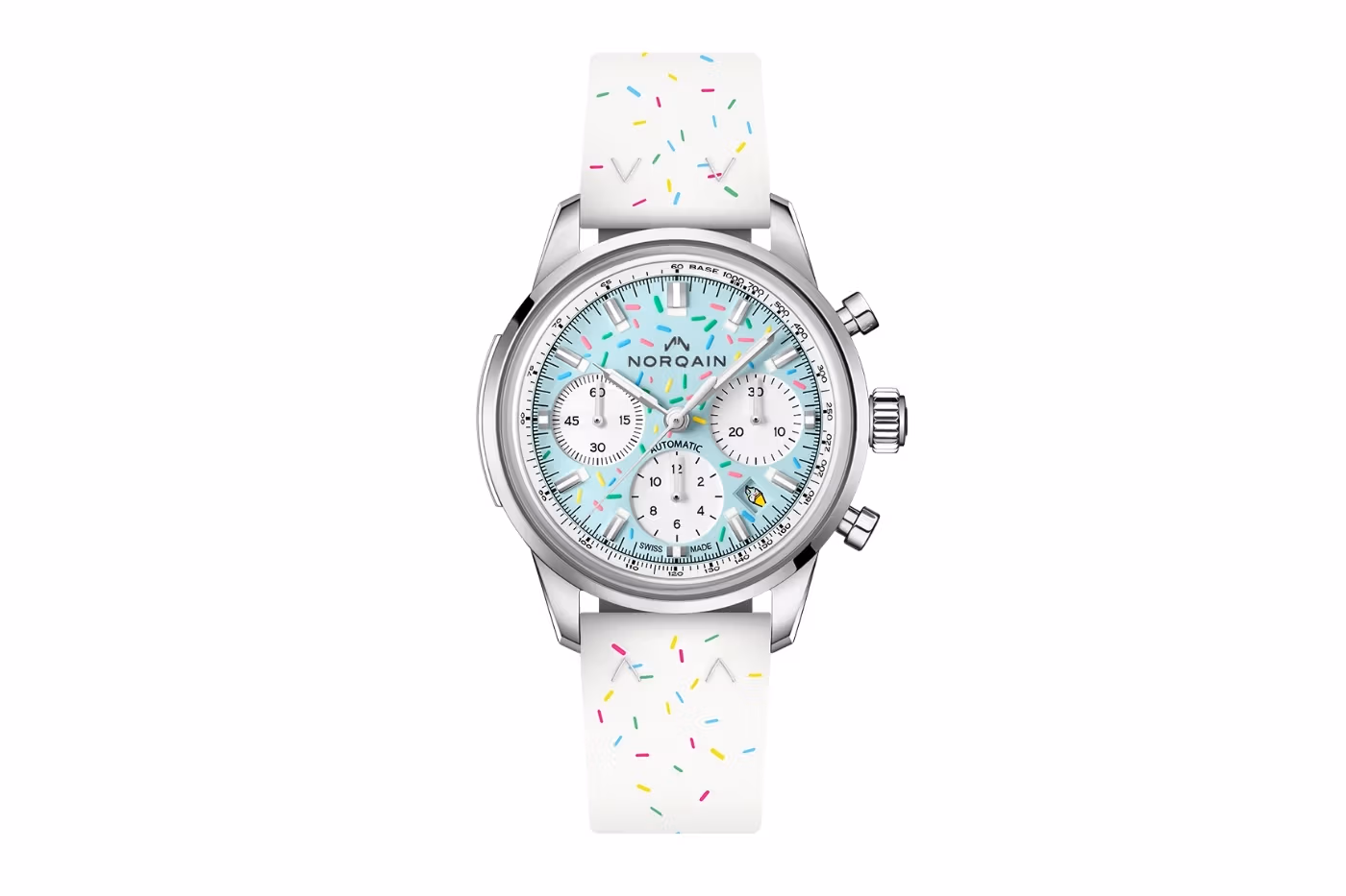 Norqain Freedom Chrono Enjoy Life Sprinkles in Blue Raspberry colourway on white rubber strap at Watches and Wonders Geneva 2026