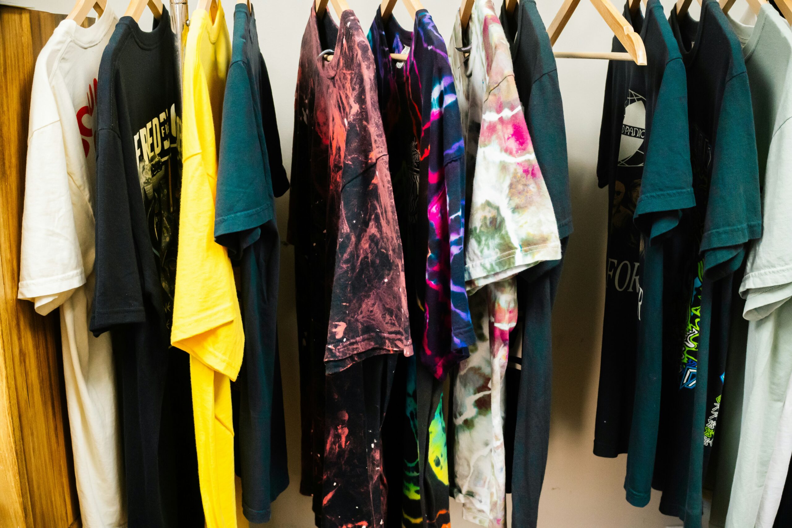 graphic apparel on a rack 