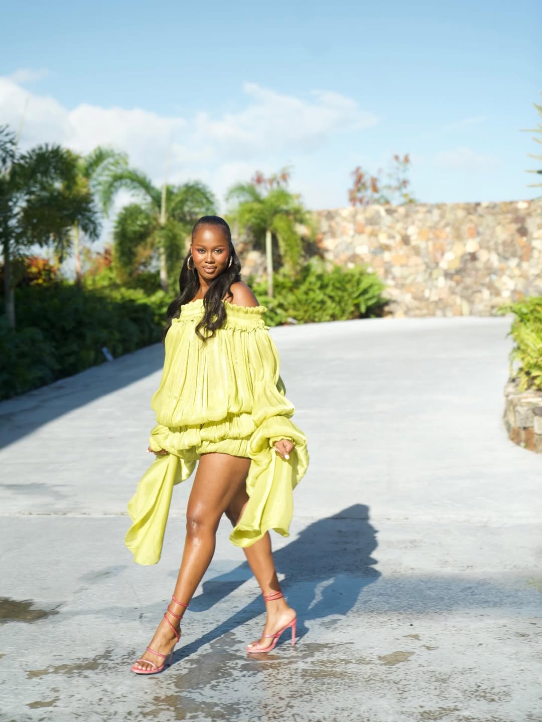 woman wearing lemon romantic era mini dress with heels fashion