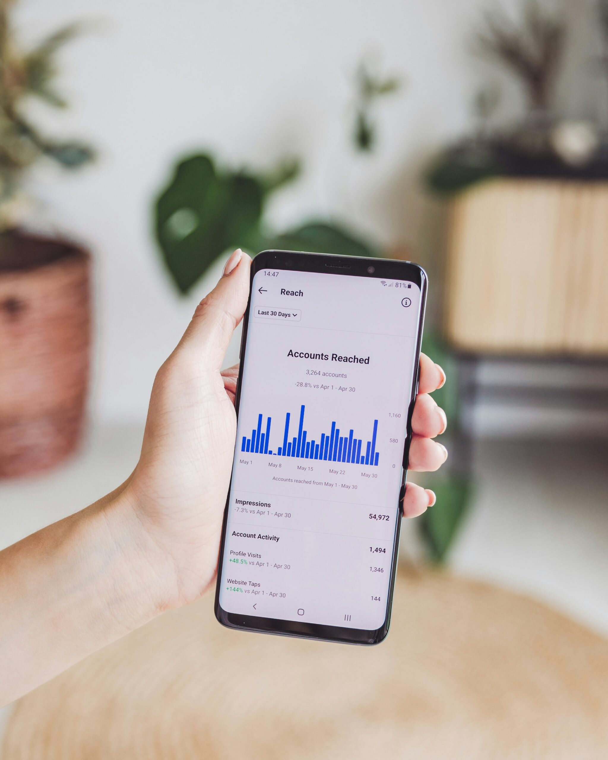 woman holding mobile phone with social media marketing tools for digital fashion media 