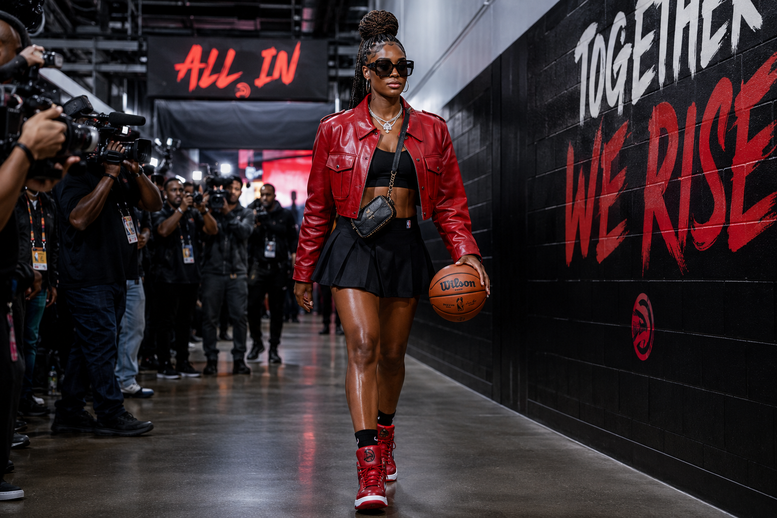 female basketball player wearing red jacket with sneakers and mini skirt