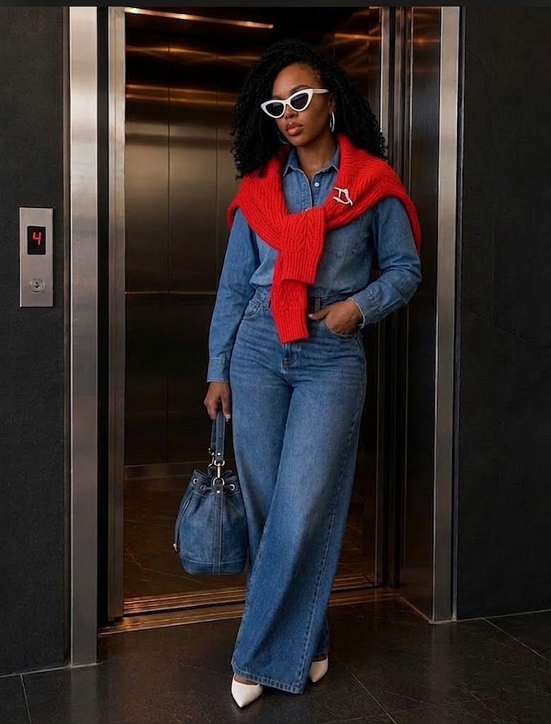 woman weae=ring denim set with red sweater psychology of style