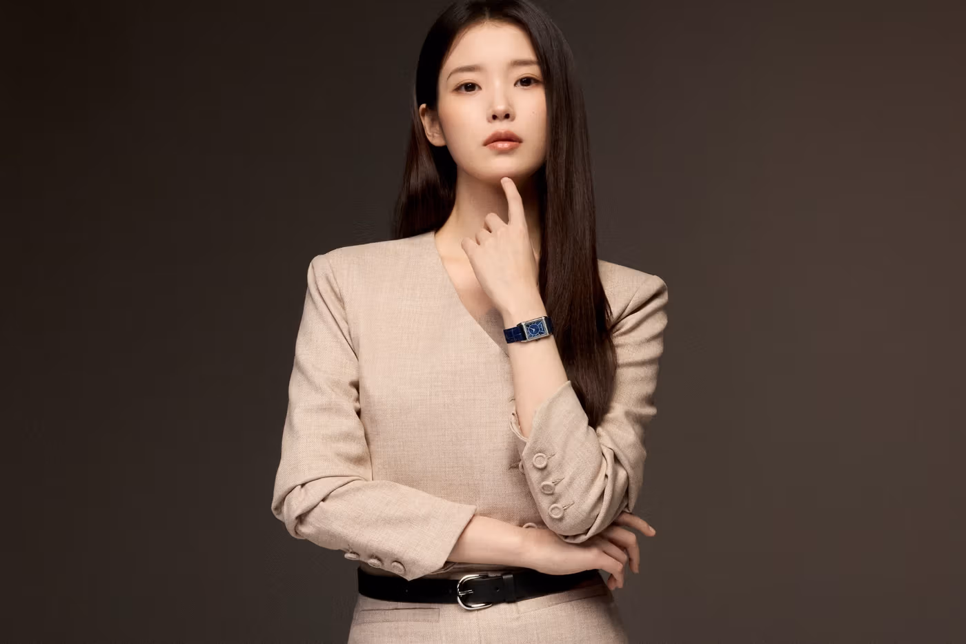 IU wearing the Jaeger-LeCoultre Reverso Tribute Monoface in the official 2026 Global Ambassador campaign imagery