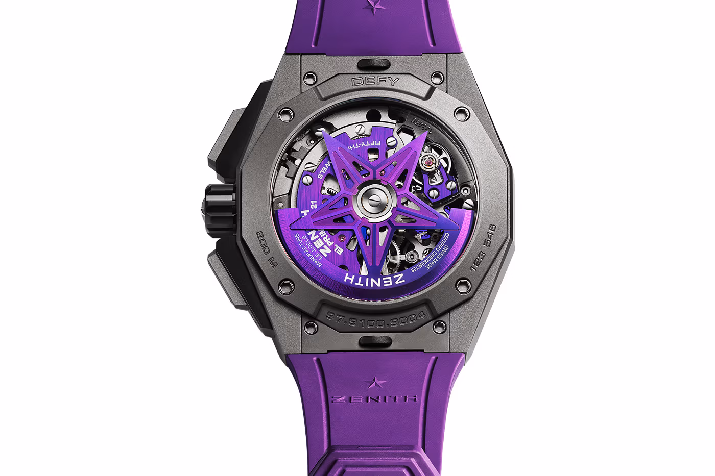 Star-shaped oscillating weight visible through Zenith caseback