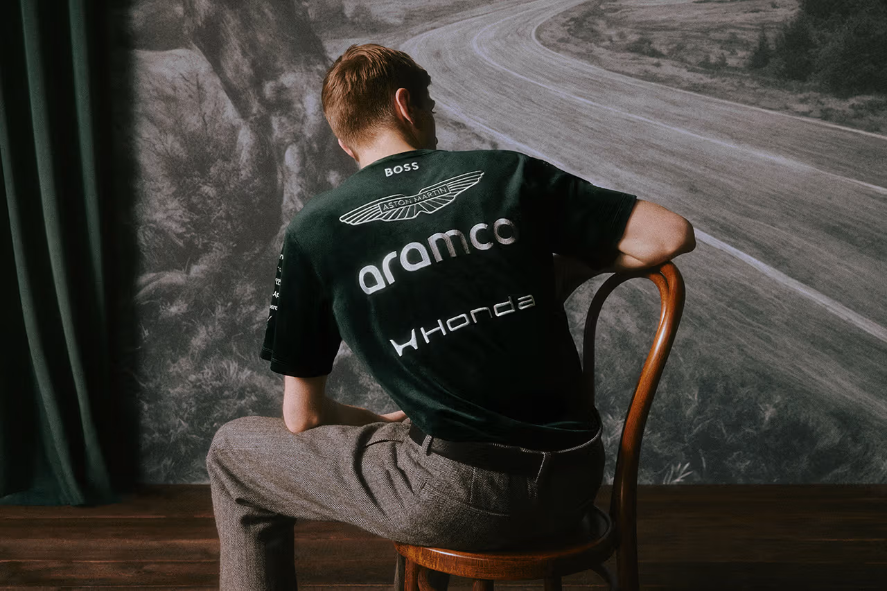 Close-up of the velvet texture on the PUMA x Aston Martin Aramco F1 Homecoming capsule in the team's iconic racing green
