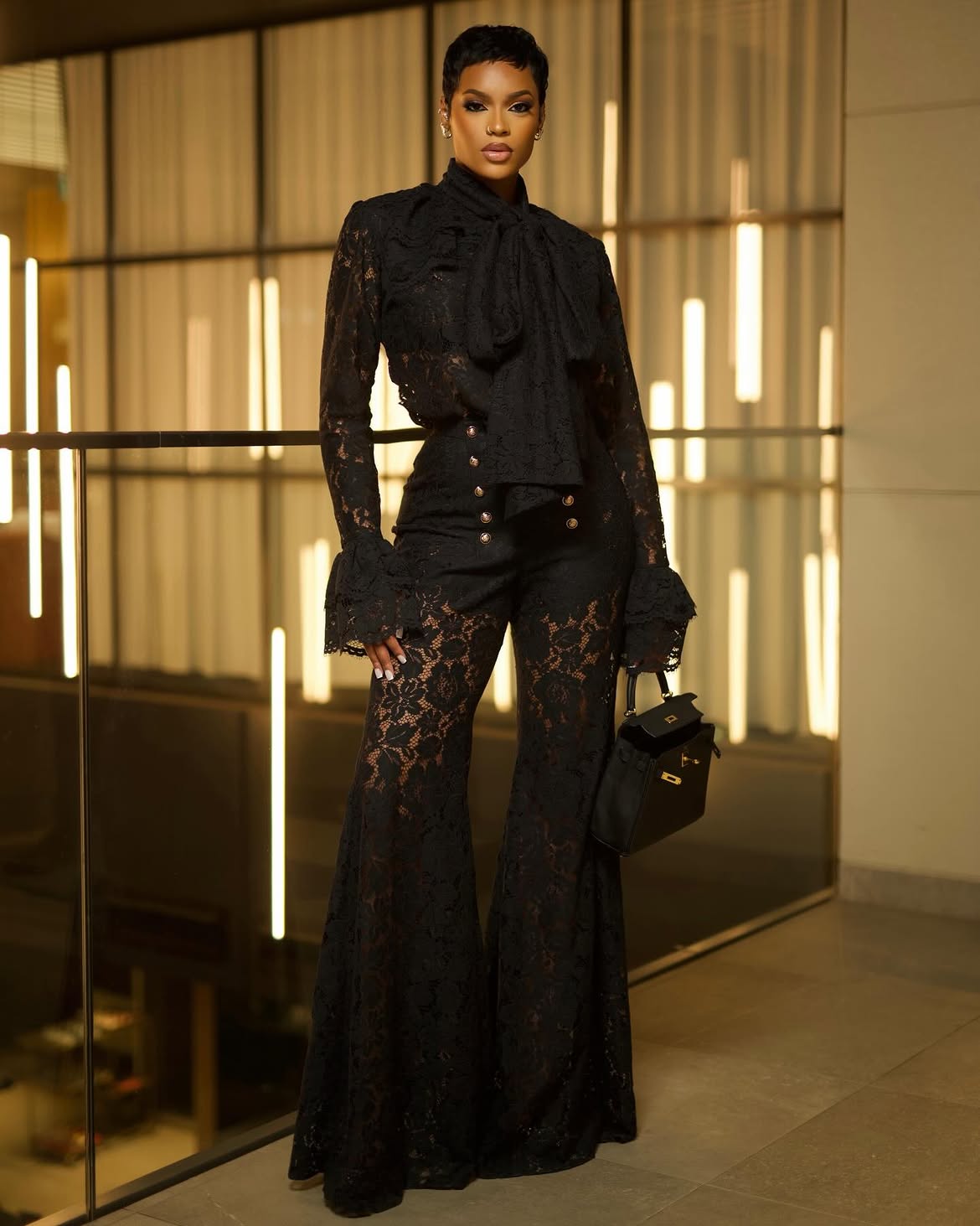 did stone wearing black lace matching set outfit 