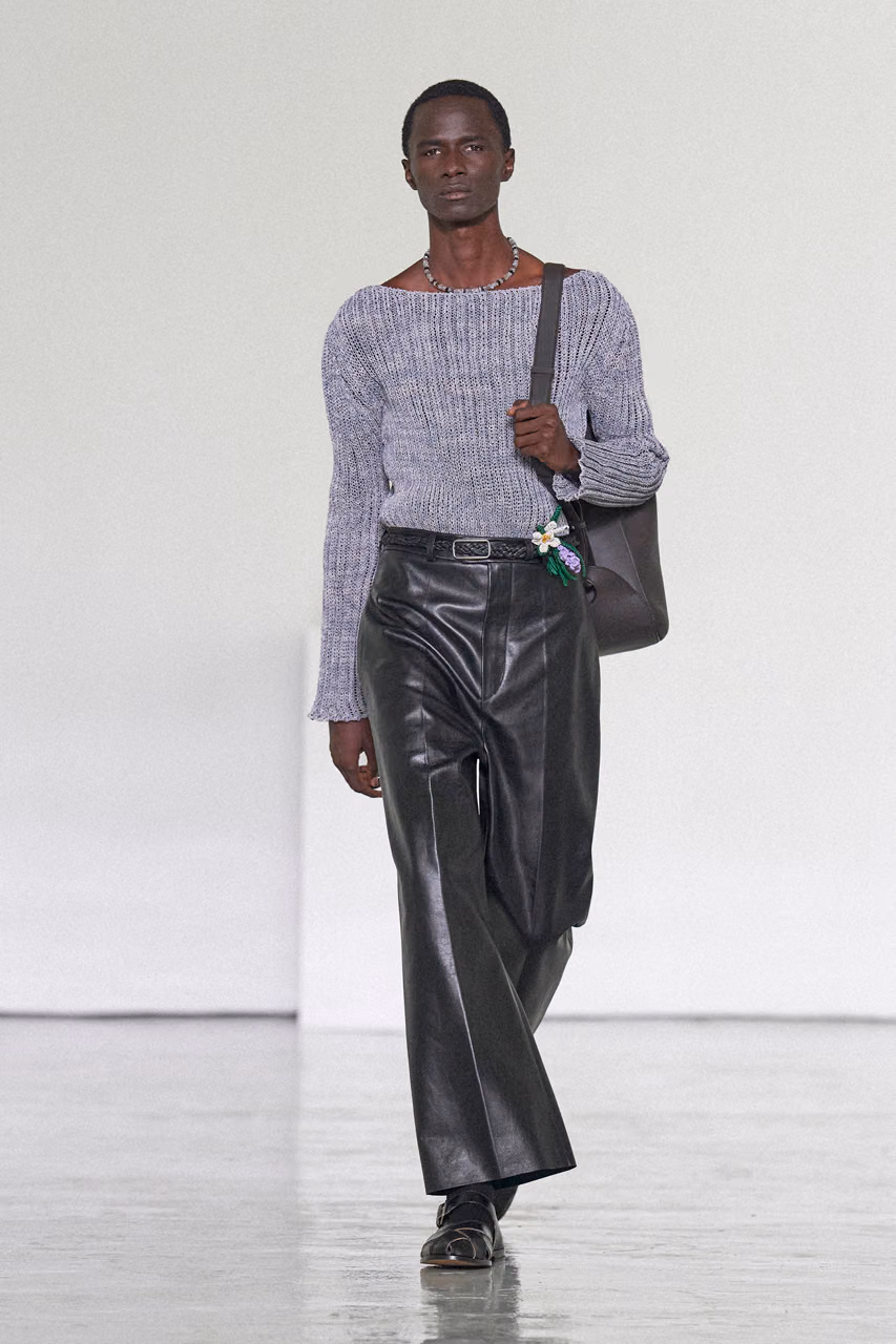 Louise Trotter Bottega Veneta lace collar tan leather trouser look editorial