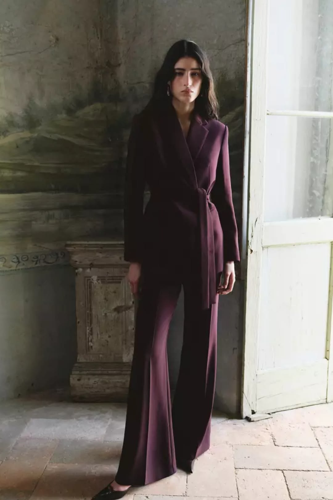 woman wearing royal purple plum pants suit for fall