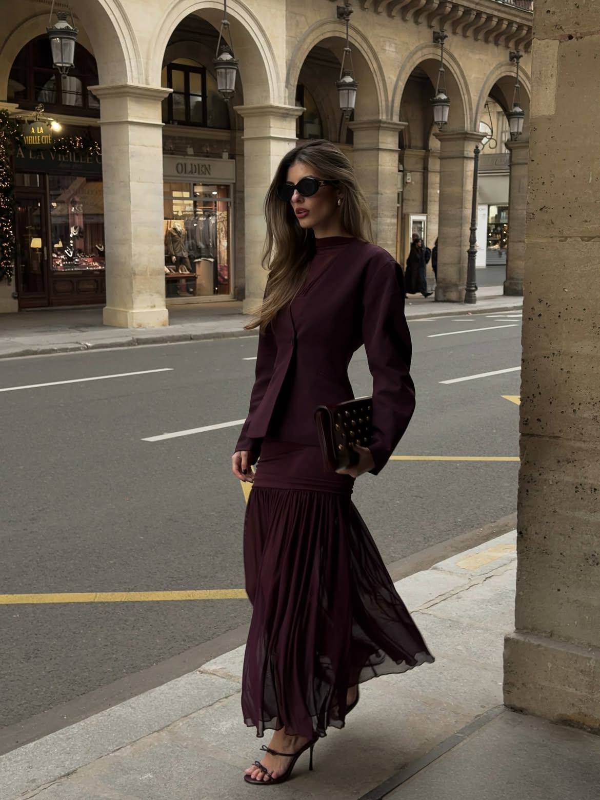 woman wearing royal purple and plum outfit for fall