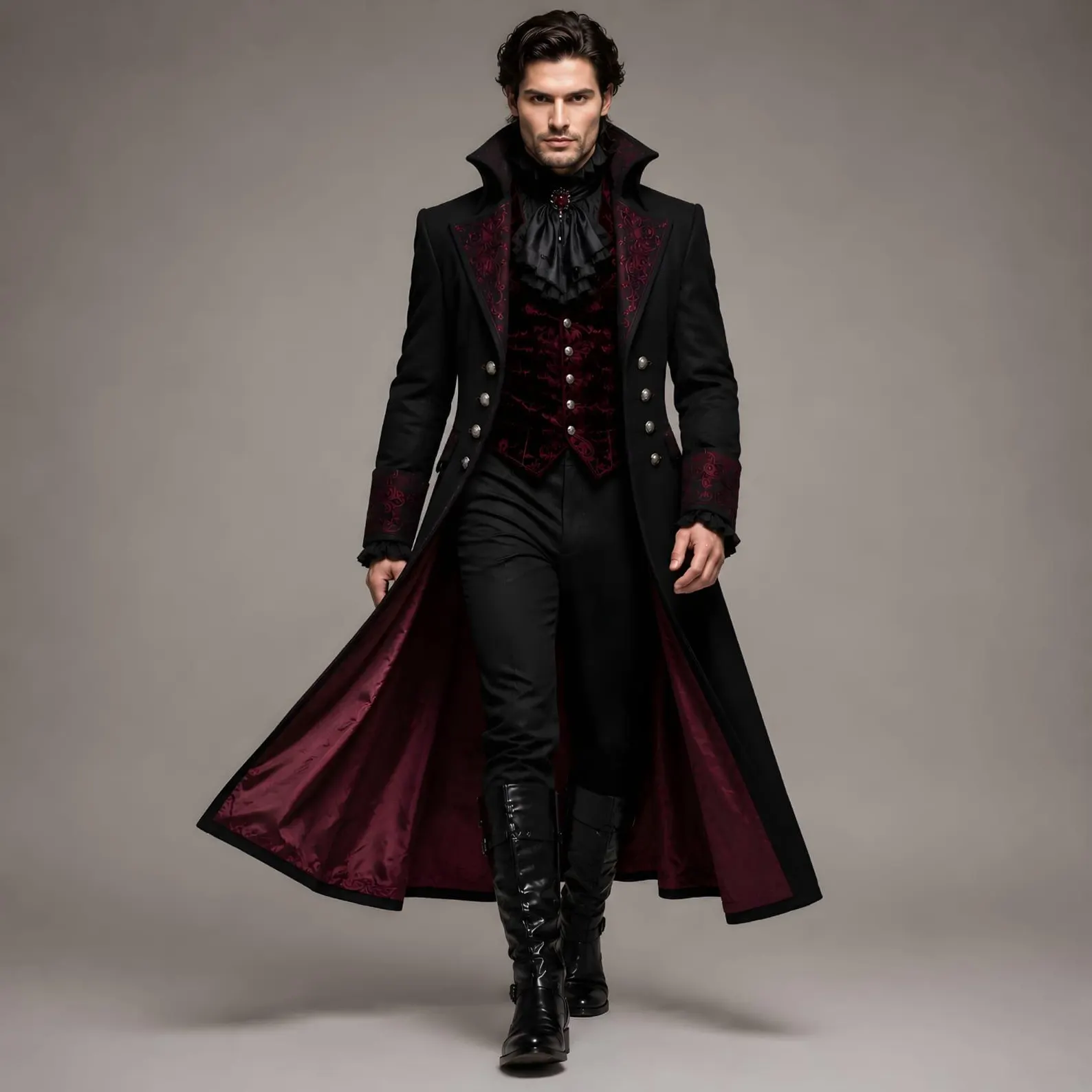 Man in green velvet blazer with ruffled collar and cravat in a gothic poet Halloween outfit